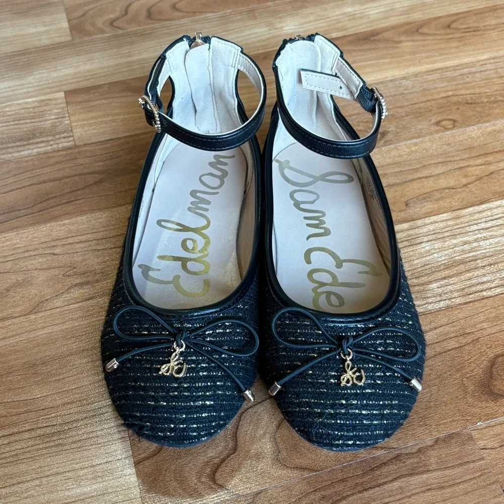 Sam Edelman Black and Gold Ankle Strap Flats Girls size 2